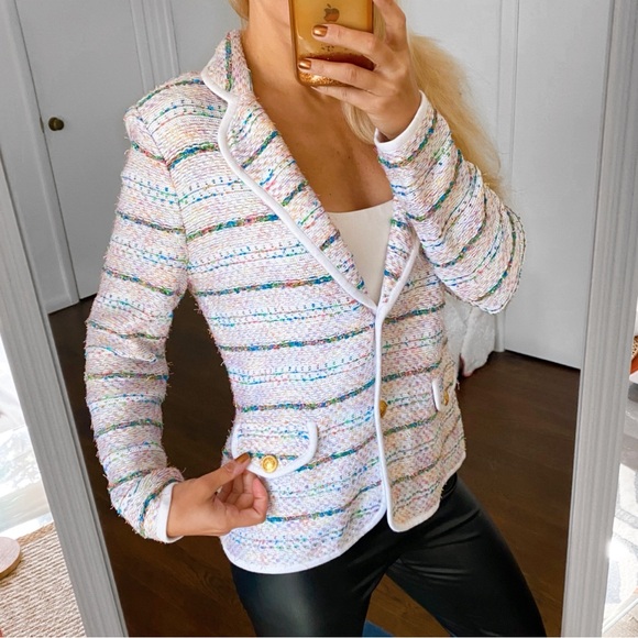 💐 ELEGANCE WHITE MULTI TWEED KNIT SWEATER BLAZER! - Picture 6 of 16